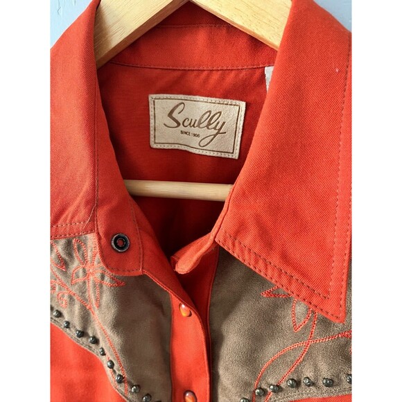 Scully Pearl Snap‎ Shirt Size M Burnt Orange Blue Brass & Embroidered Art Cowboy - Picture 2 of 12
